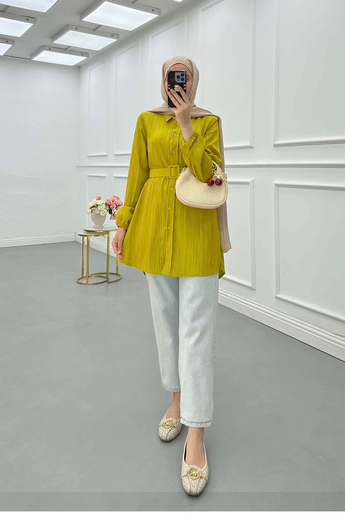 Sare Fashion Belt Detailed Textured Shirt Oil Green