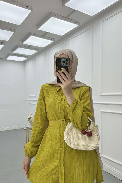 Sare Fashion Belt Detailed Textured Shirt Oil Green