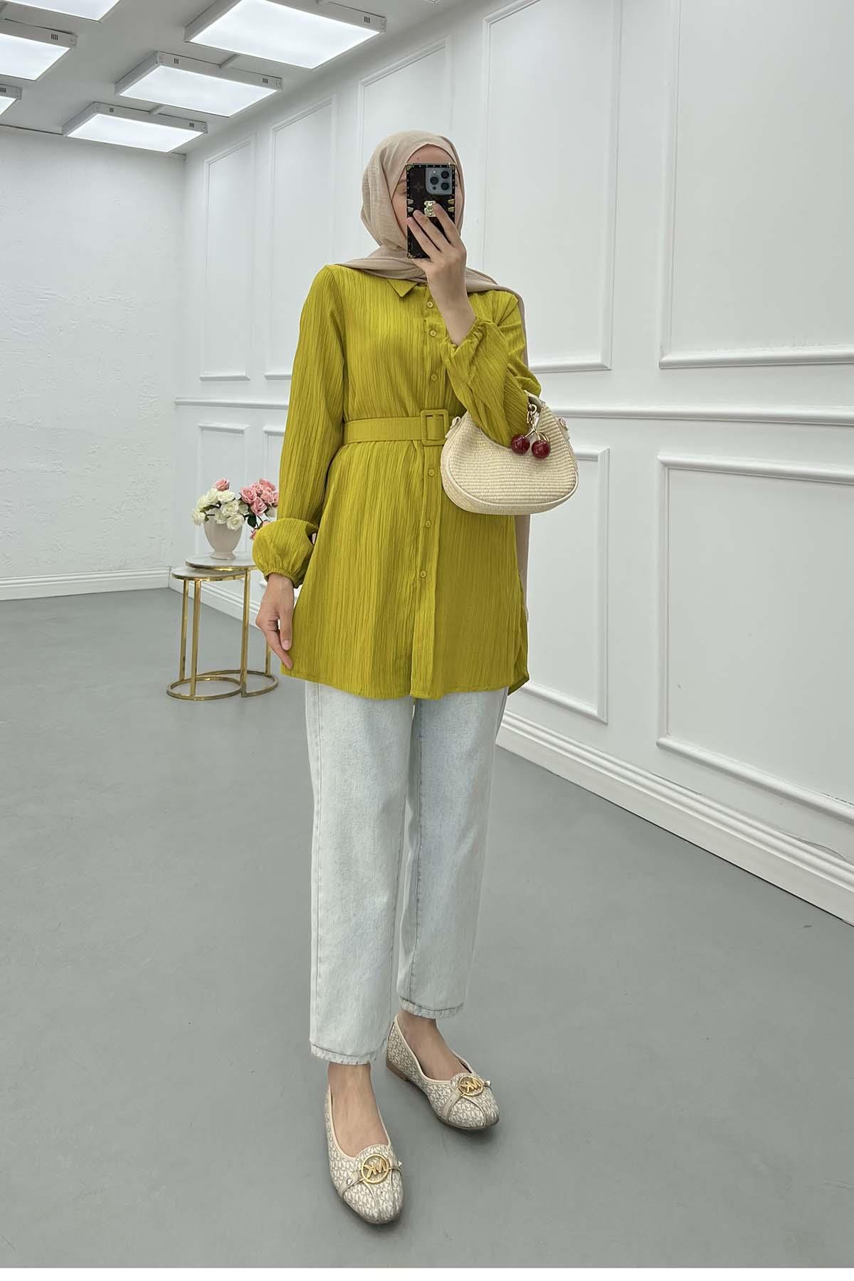 Sare Fashion Belt Detailed Textured Shirt Oil Green
