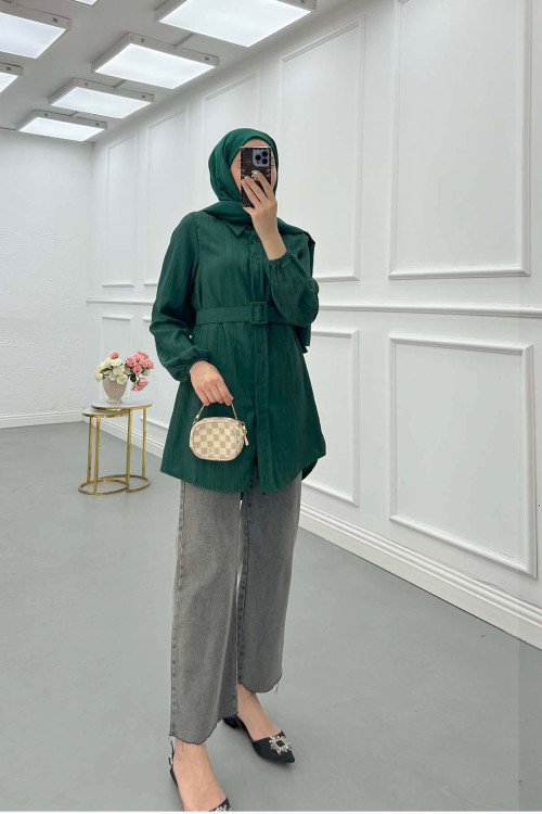 Sare Fashion Belt Detailed Textured Shirt Emerald Green