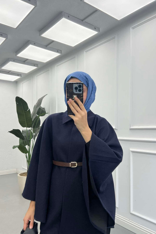 Sare Fashion Belt Detailed Cashmere Poncho Navy Blue