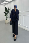 Sare Fashion Belt Detailed Cashmere Poncho Navy Blue