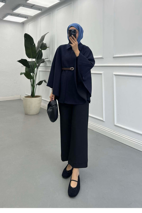 Sare Fashion Belt Detailed Cashmere Poncho Navy Blue