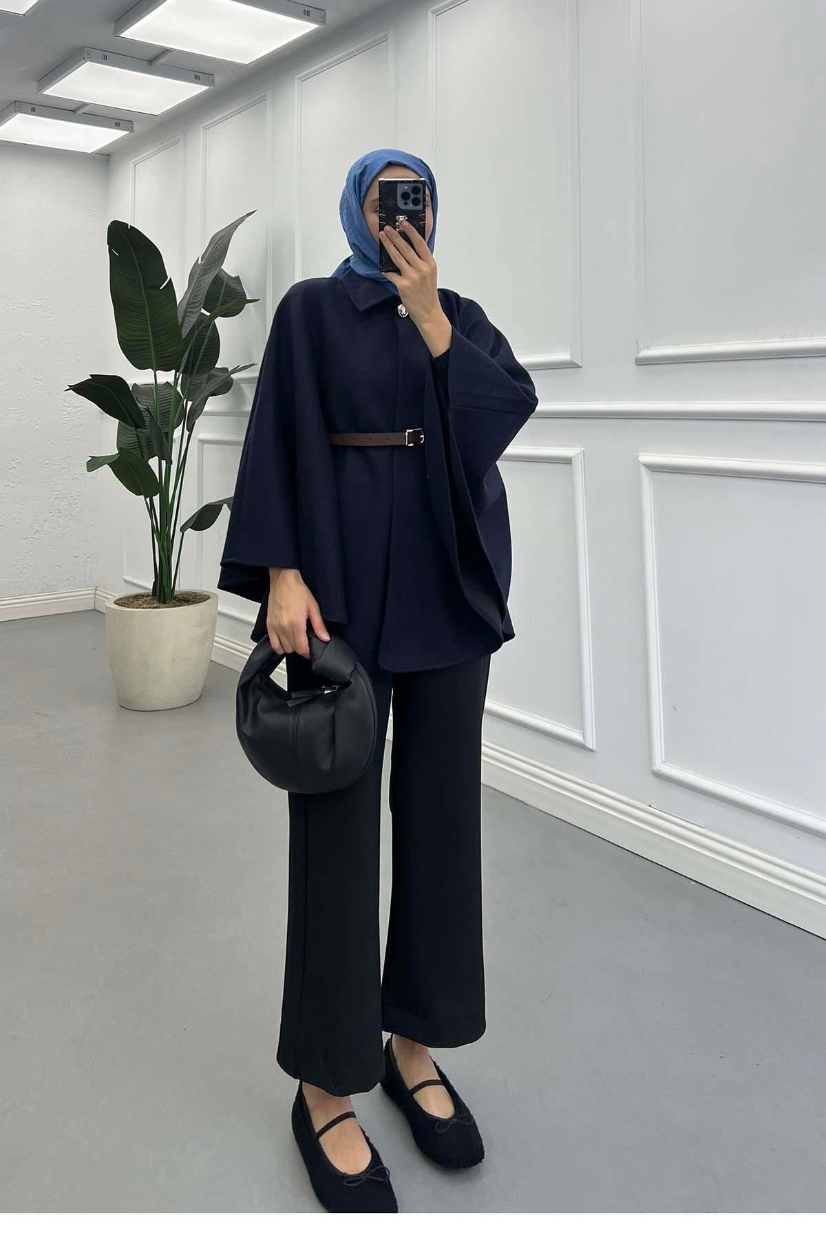 Sare Fashion Belt Detailed Cashmere Poncho Navy Blue