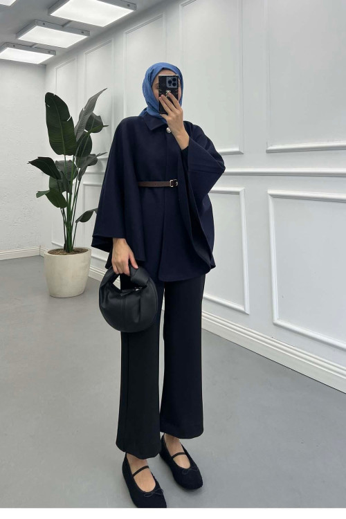 Sare Fashion Belt Detailed Cashmere Poncho Navy Blue
