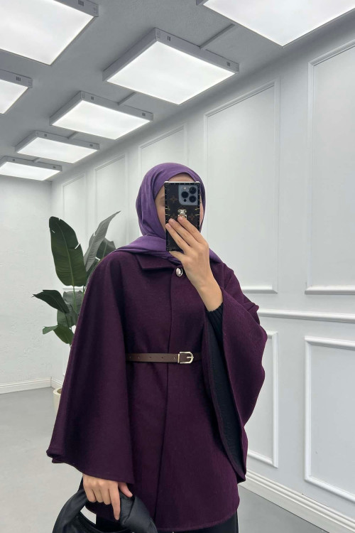 Sare Fashion Belt Detailed Cashmere Poncho Purple Sare Fashion Belt Detailed Cashmere Poncho Purple