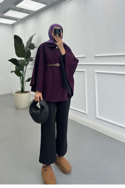 Sare Fashion Belt Detailed Cashmere Poncho Purple Sare Fashion Belt Detailed Cashmere Poncho Purple