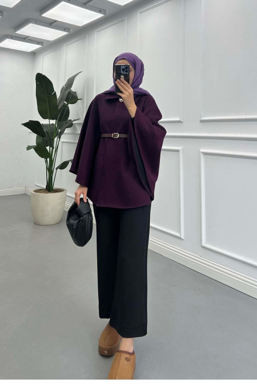 Sare Fashion Belt Detailed Cashmere Poncho Purple Sare Fashion Belt Detailed Cashmere Poncho Purple