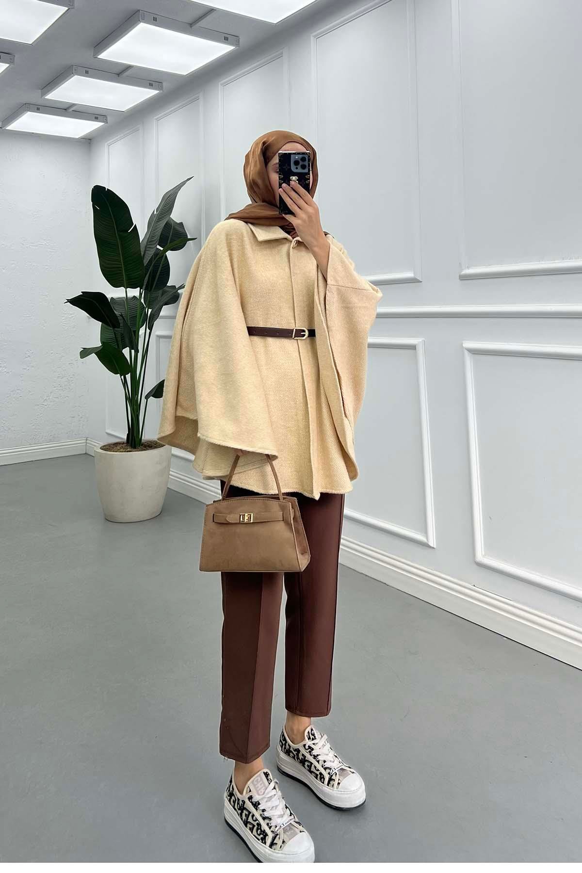 Sare Fashion Belt Detailed Cachet Poncho Milk Coffee