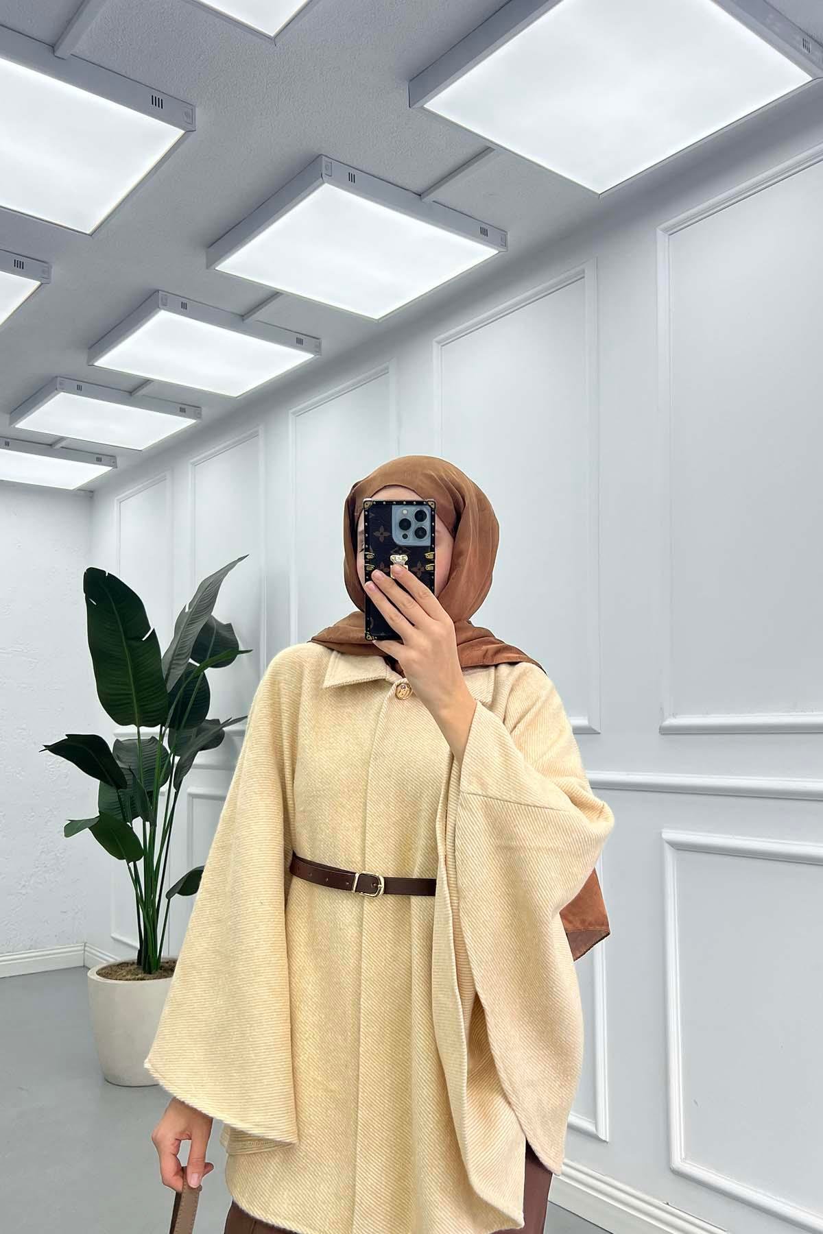 Sare Fashion Belt Detailed Cachet Poncho Milk Coffee