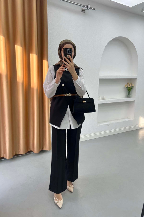 Sare Fashion Belt Detailed Vest Set Black