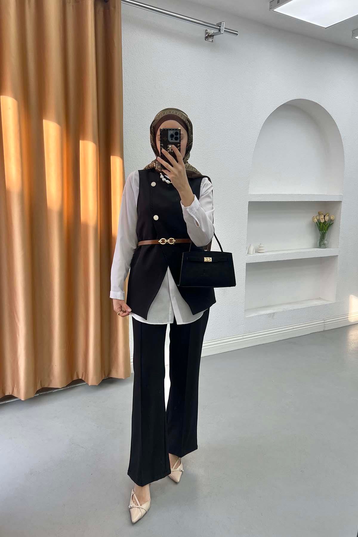 Sare Fashion Belt Detailed Vest Set Black