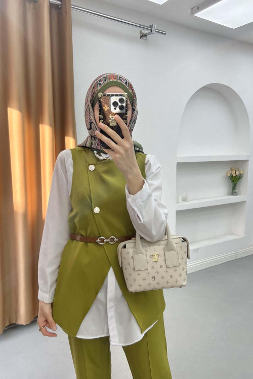 Sare Fashion Belt Detailed Vest Set Oil Green
