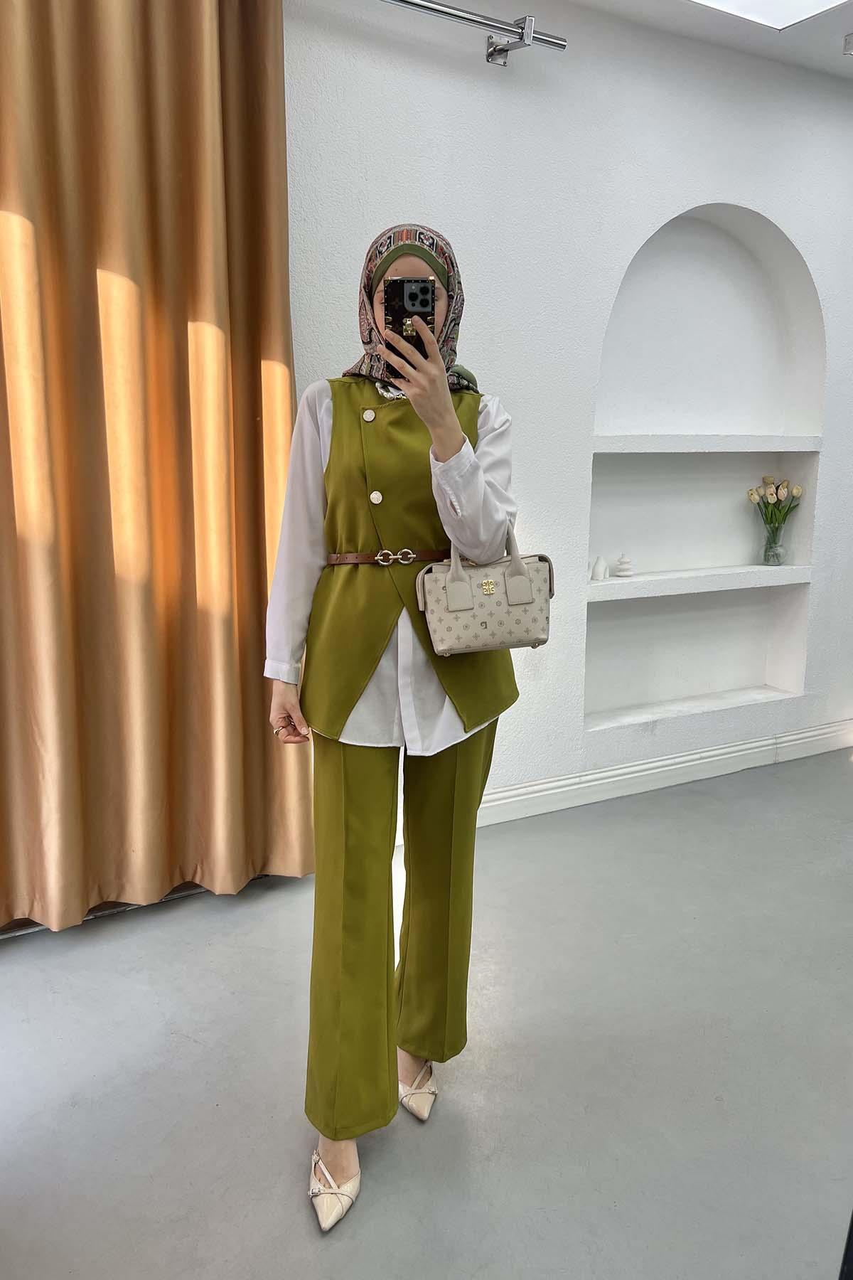Sare Fashion Belt Detailed Vest Set Oil Green