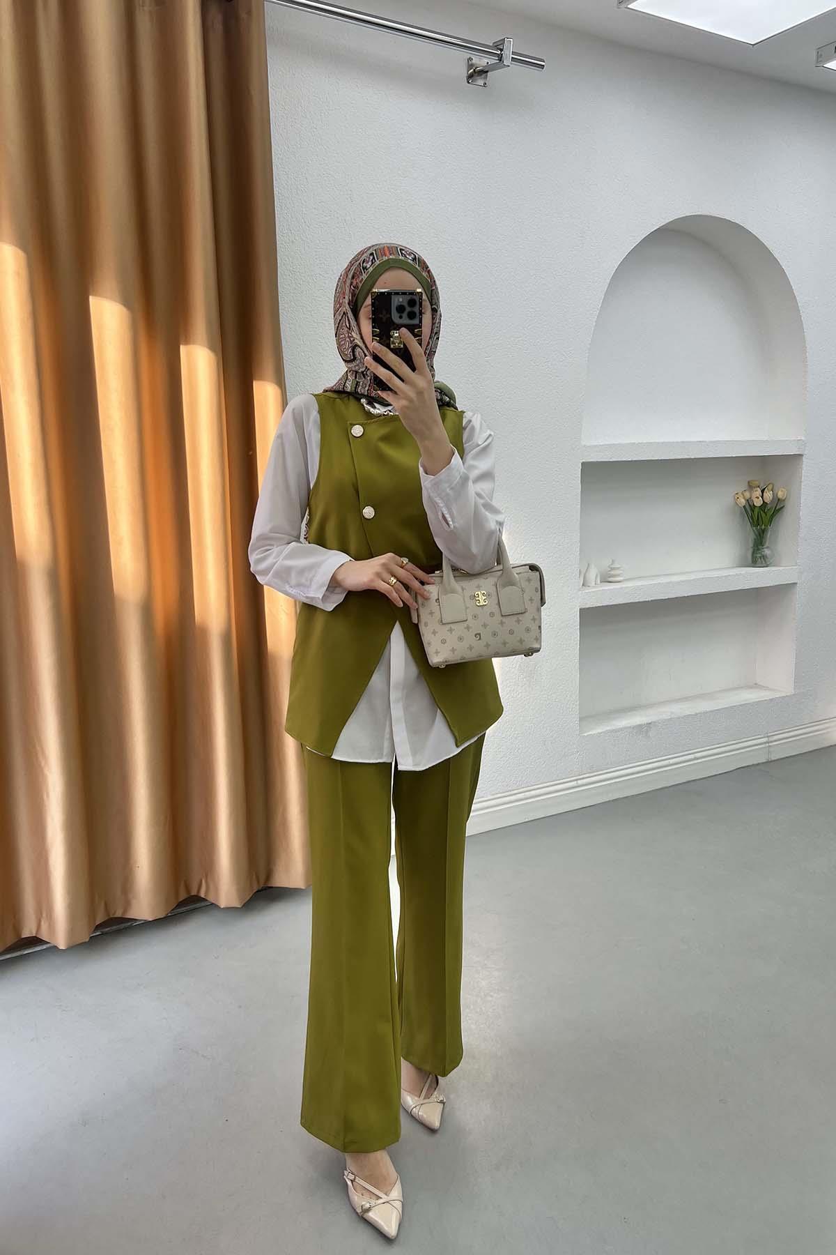 Sare Fashion Belt Detailed Vest Set Oil Green