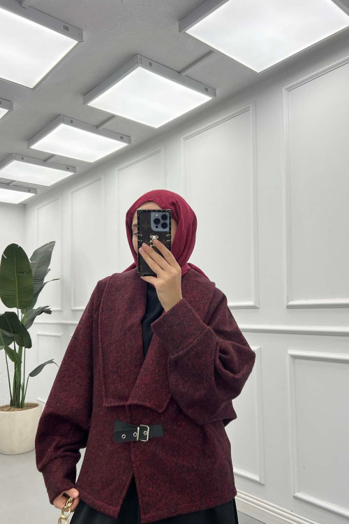 Sare Fashion Belt Buckle Detailed Cashmere Coat Burgundy Sare Fashion Belt Buckle Detailed Cashmere Coat Burgundy