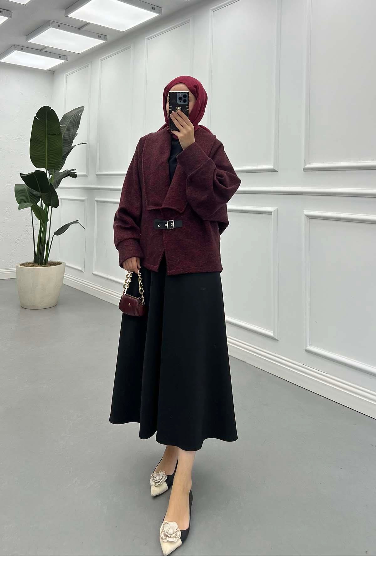 Sare Fashion Belt Buckle Detailed Cashmere Coat Burgundy