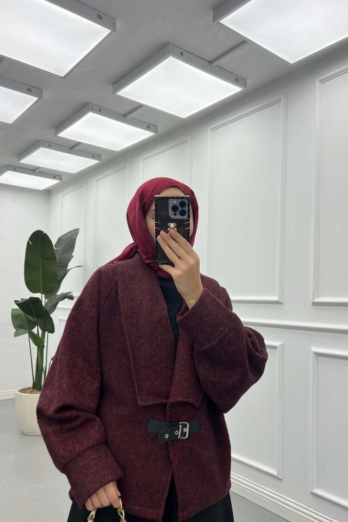 Sare Fashion Belt Buckle Detailed Cashmere Coat Burgundy Sare Fashion Belt Buckle Detailed Cashmere Coat Burgundy