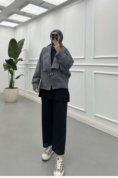 Sare Fashion Belt Buckle Detailed Cashmere Coat Gray Sare Fashion Belt Buckle Detailed Cashmere Coat Gray