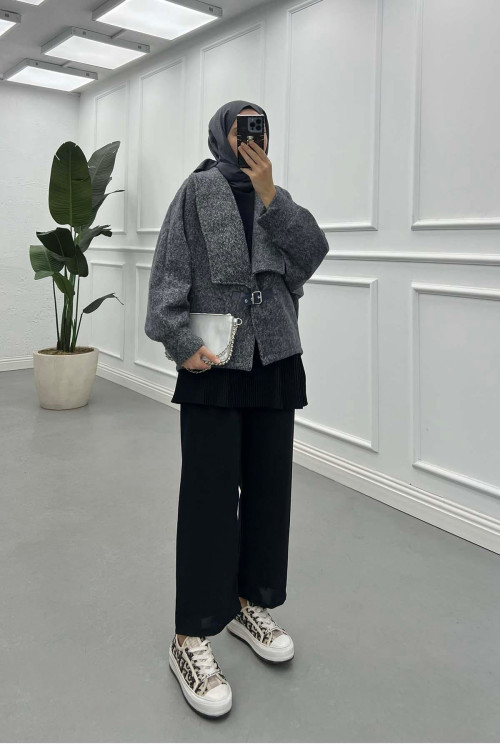 Sare Fashion Belt Buckle Detailed Cashmere Coat Gray Sare Fashion Belt Buckle Detailed Cashmere Coat Gray