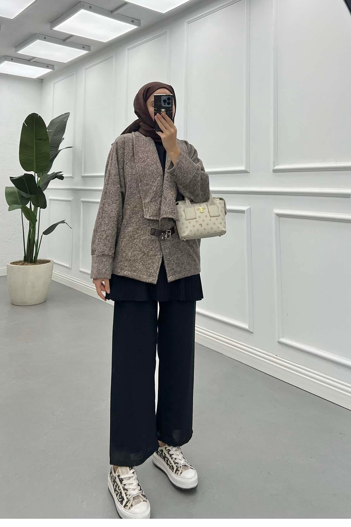 Sare Fashion Mink Cashmere Coat with Belt Buckle Detail