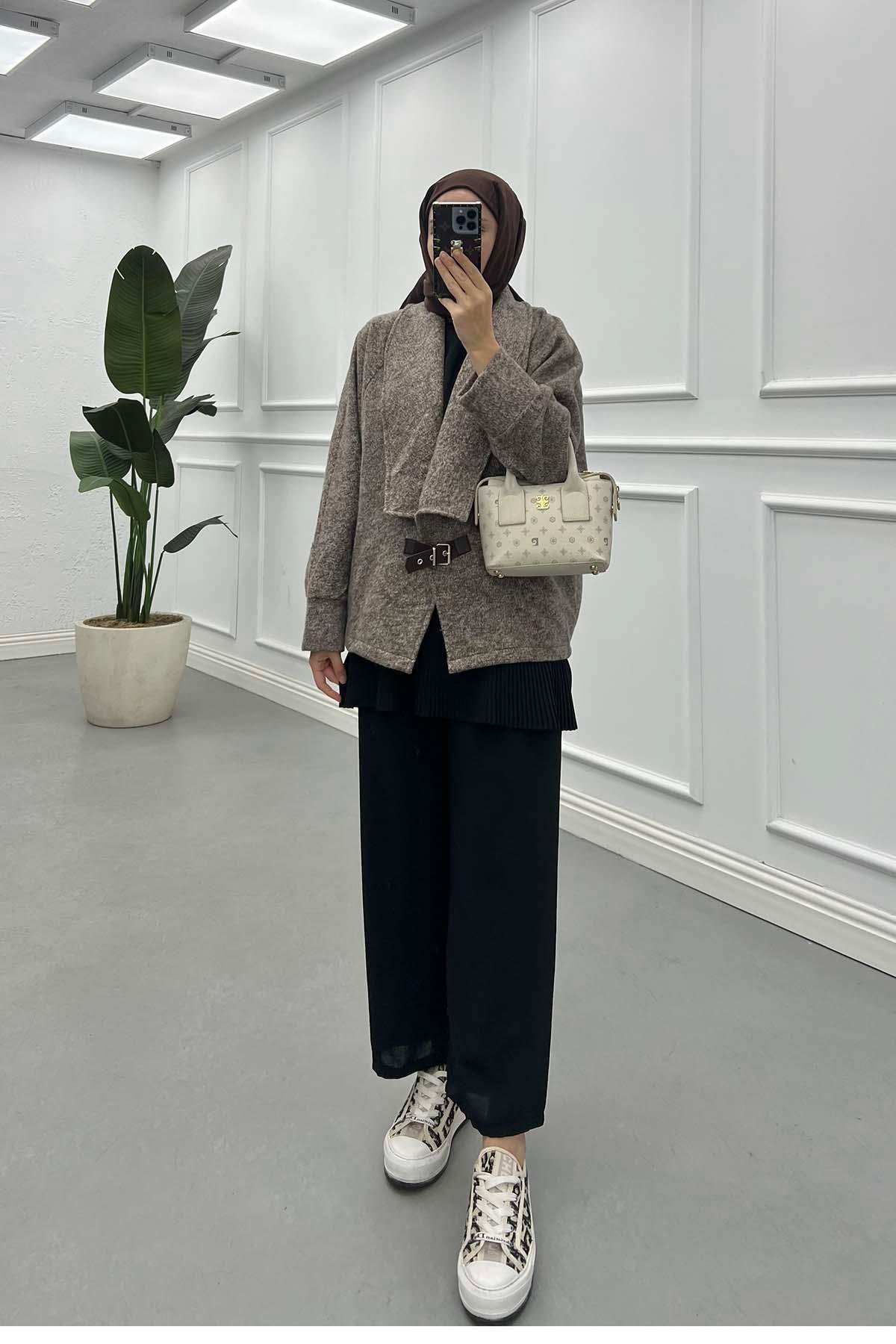 Sare Fashion Mink Cashmere Coat with Belt Buckle Detail