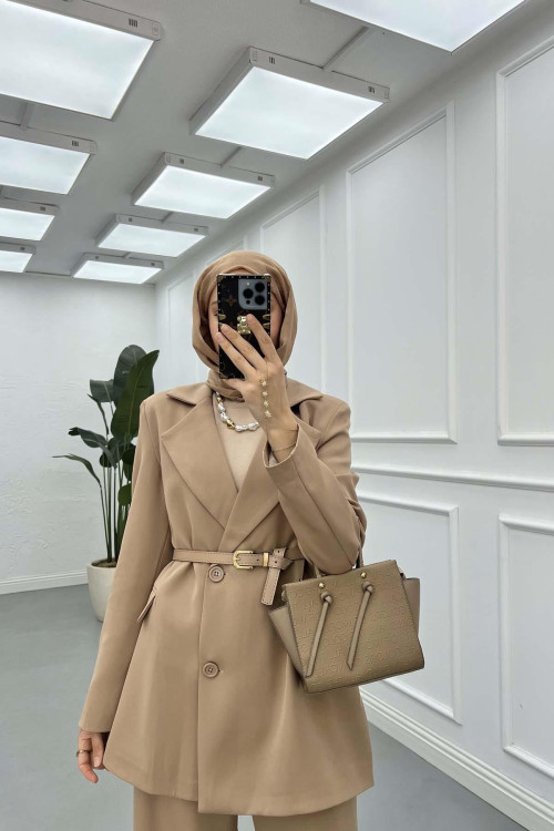 Sare Fashion Belted Lined Jacket Trouser Set Beige