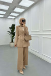 Sare Fashion Belted Lined Jacket Trouser Set Beige