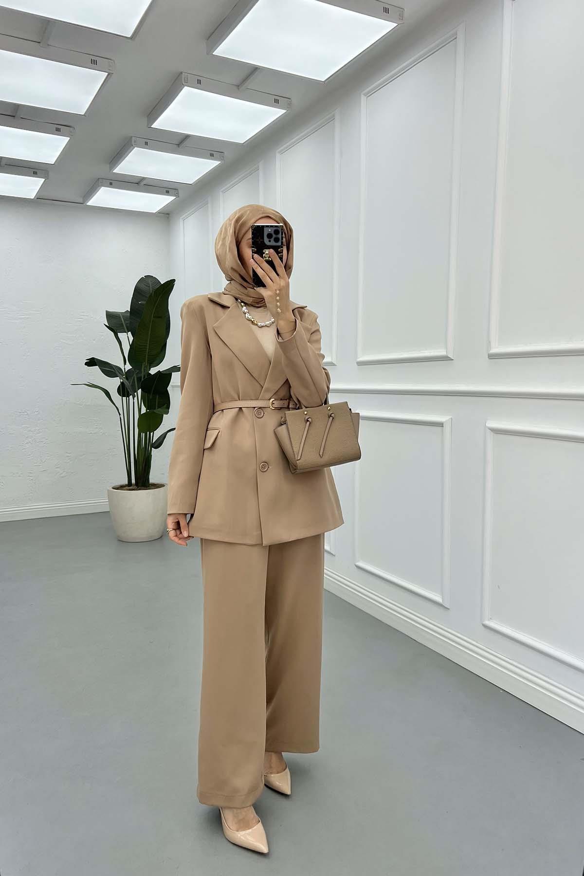 Sare Fashion Belted Lined Jacket Trouser Set Beige