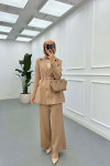Sare Fashion Belted Lined Jacket Trouser Set Beige