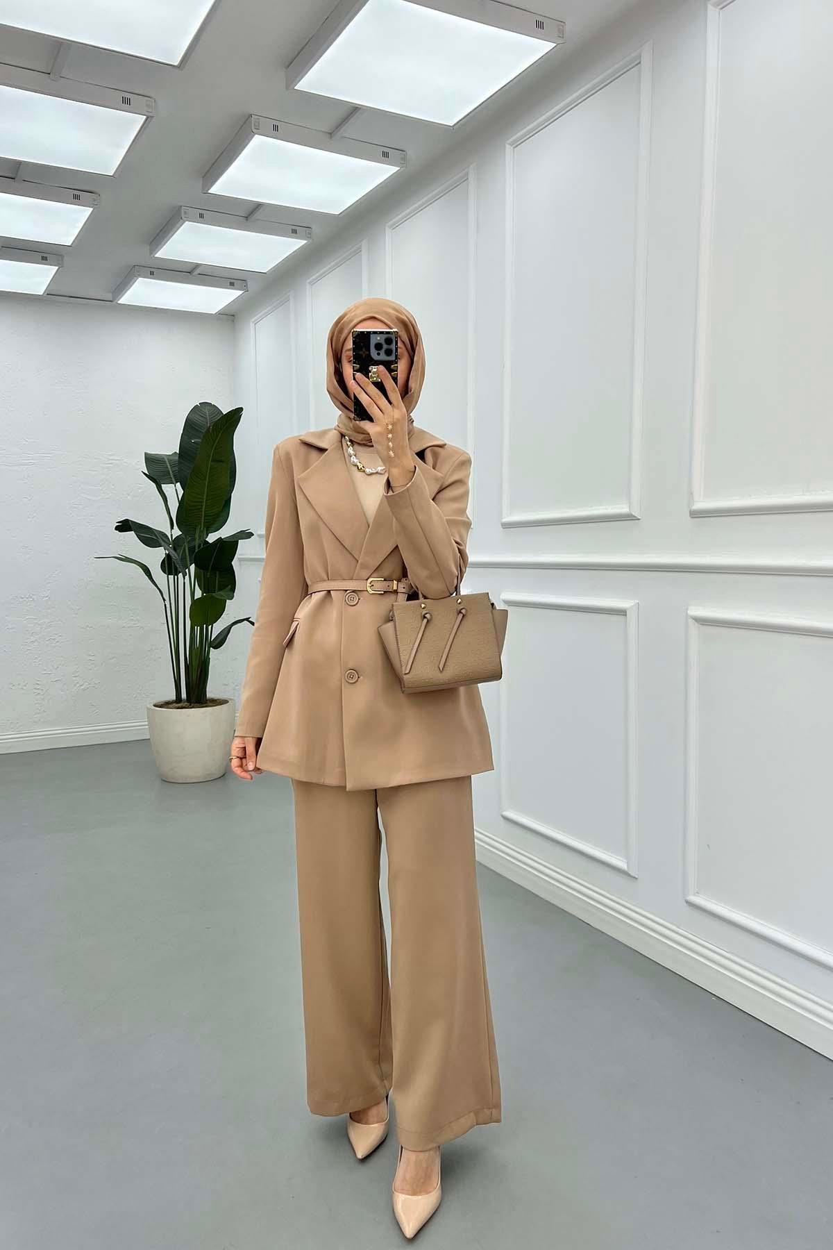 Sare Fashion Belted Lined Jacket Trouser Set Beige