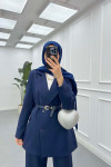 Sare Fashion Belted Lined Jacket Trouser Suit Navy Blue