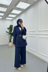 Sare Fashion Belted Lined Jacket Trouser Suit Navy Blue