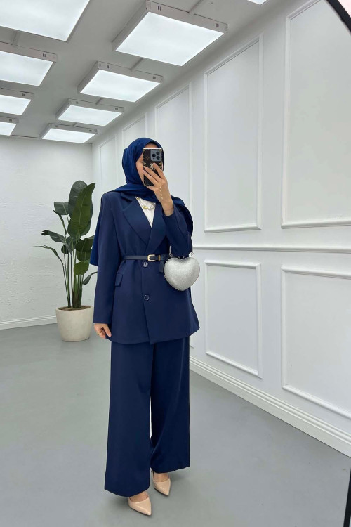 Sare Fashion Belted Lined Jacket Trouser Suit Navy Blue