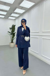 Sare Fashion Belted Lined Jacket Trouser Suit Navy Blue