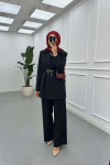 Sare Fashion Belted Lined Jacket Trouser Set Black