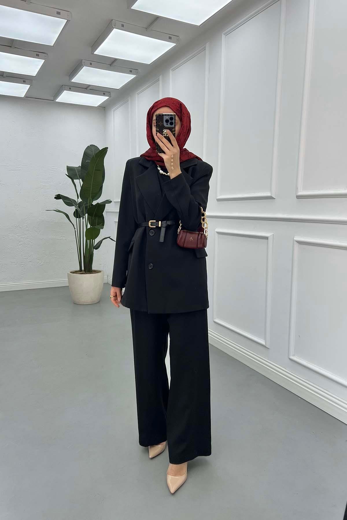 Sare Fashion Belted Lined Jacket Trouser Set Black