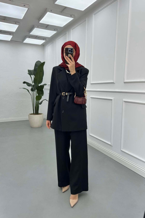 Sare Fashion Belted Lined Jacket Trouser Set Black
