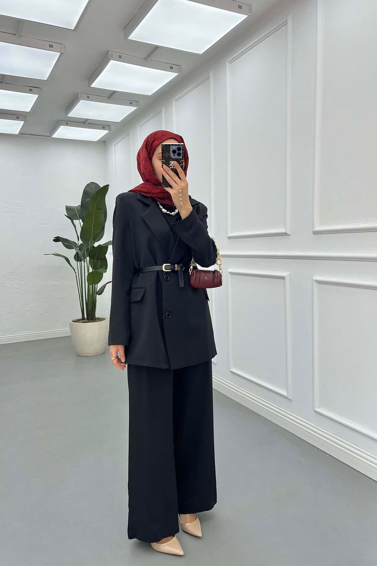 Sare Fashion Belted Lined Jacket Trouser Set Black