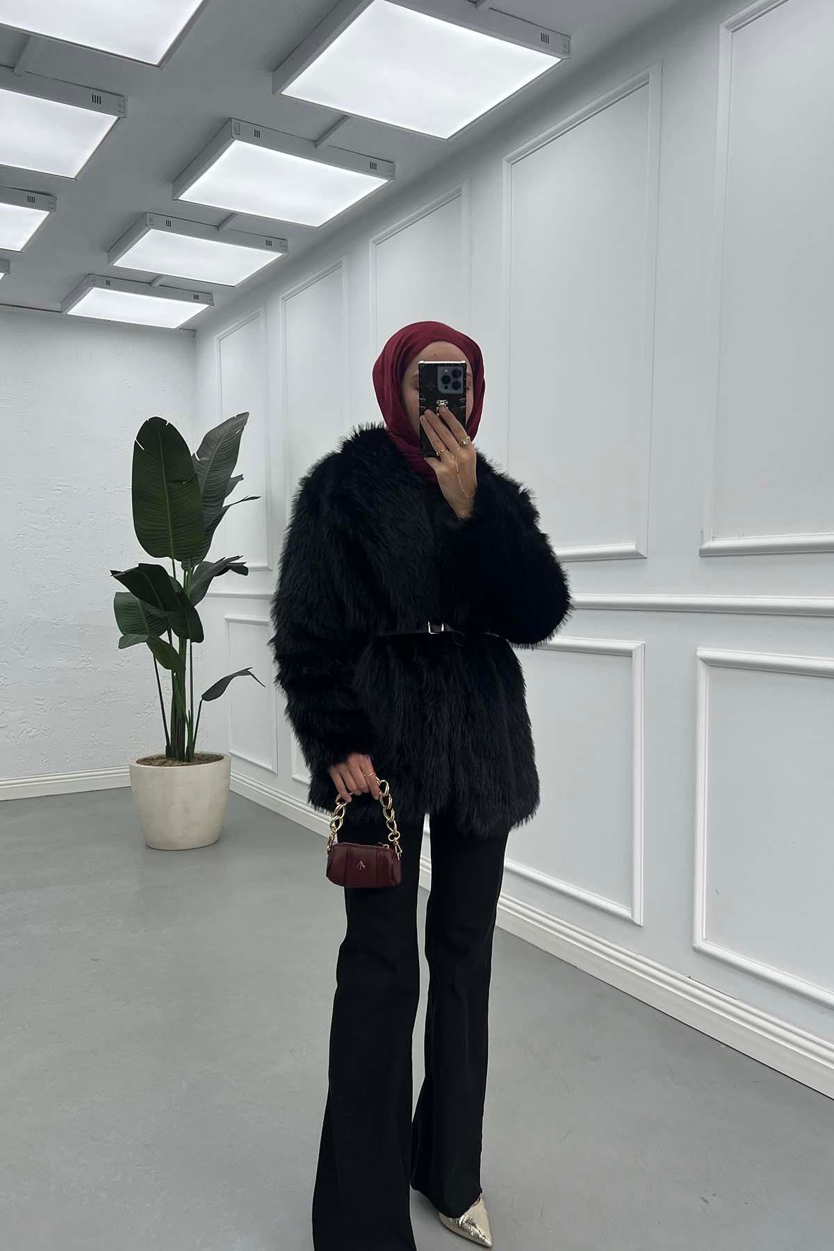 Sare Fashion Belted Lined Fur Coat Black Sare Fashion Belted Lined Fur Coat Black