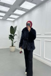 Sare Fashion Belted Lined Fur Coat Black