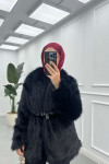 Sare Fashion Belted Lined Fur Coat Black