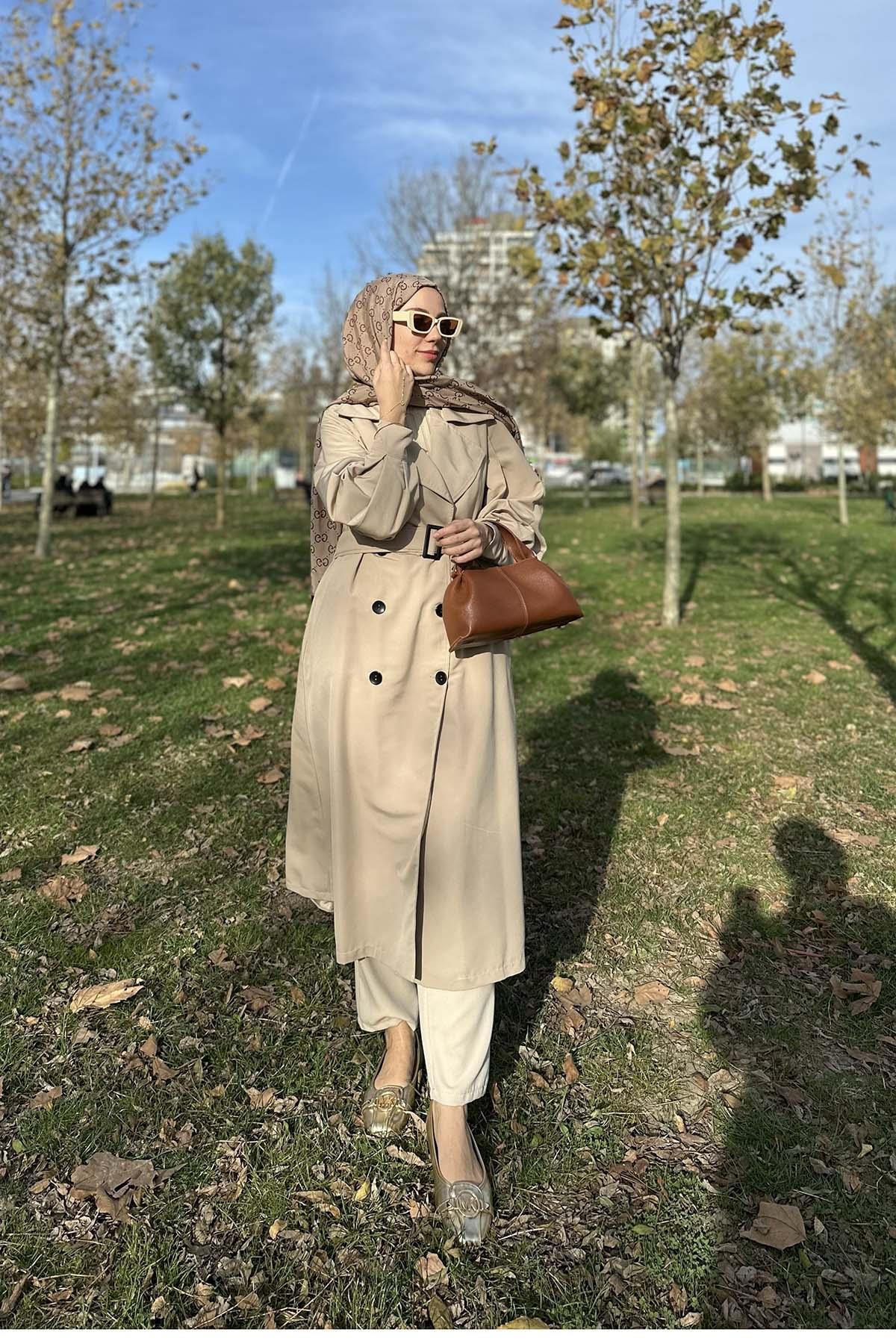 Sare Fashion Belted Lined Trench Coat Beige