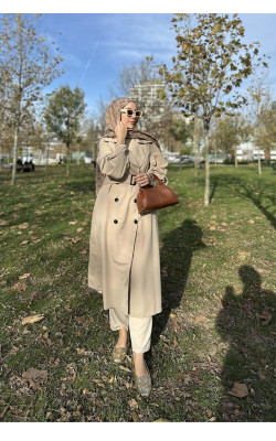 Sare Fashion Belted Lined Trench Coat Beige