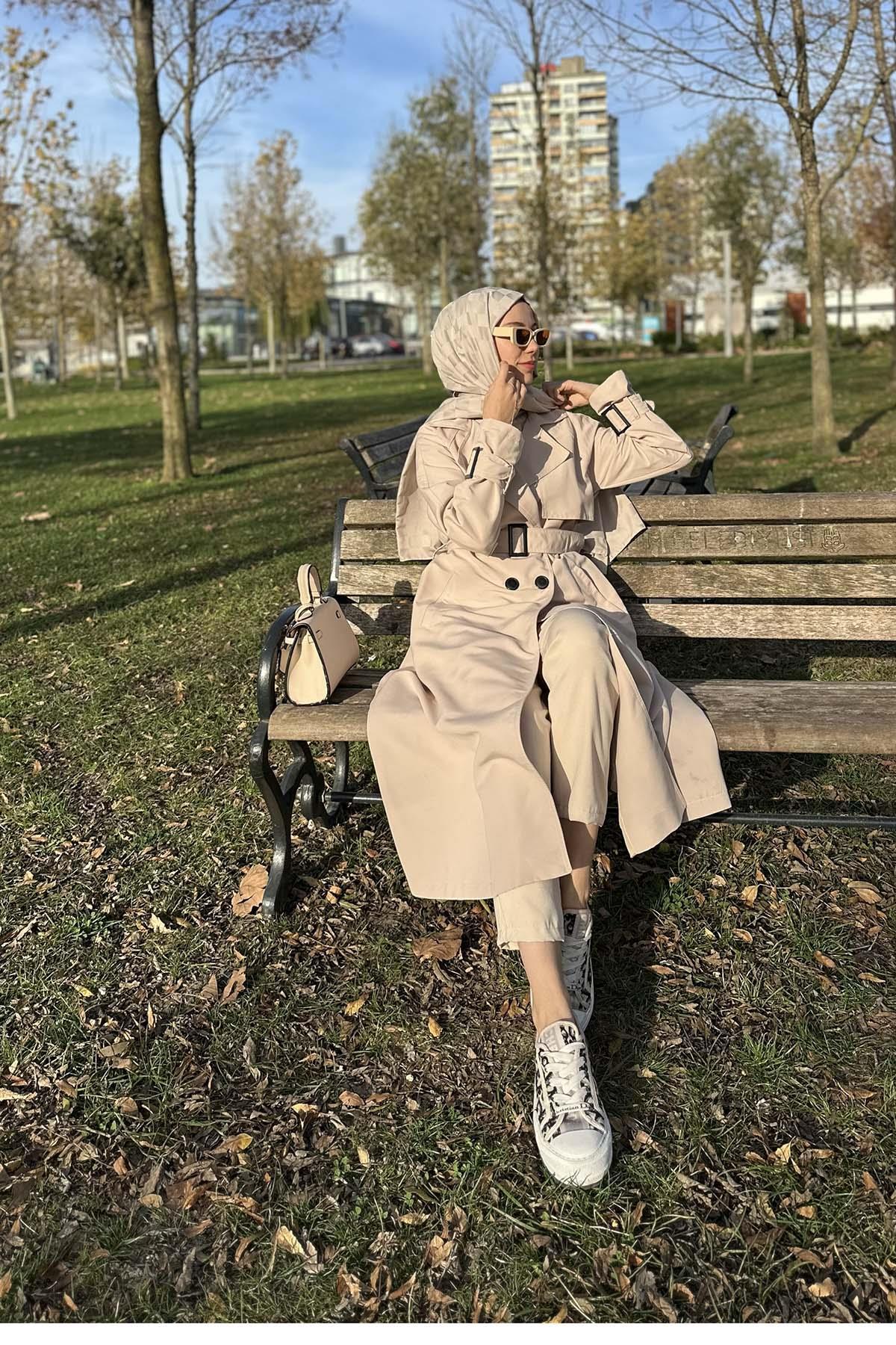 Sare Fashion Belted Lined Trench Coat Beige