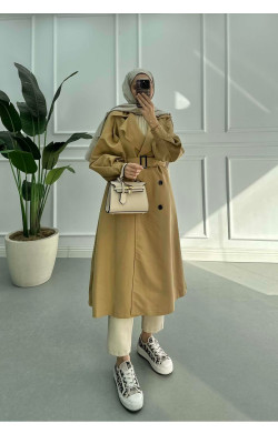 Sare Fashion Belted Lined Trench Coat Brown