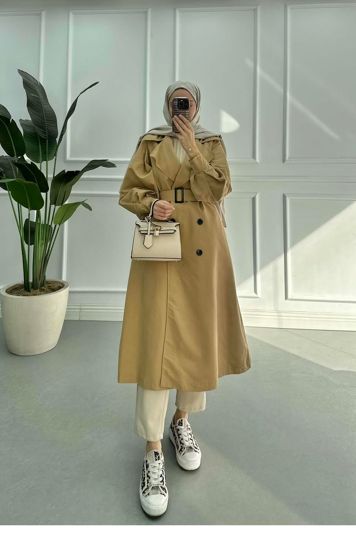 Sare Fashion Belted Lined Trench Coat Brown