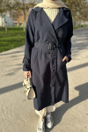 Sare Fashion Belted Lined Trench Coat Navy Blue Sare Fashion Belted Lined Trench Coat Navy Blue