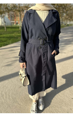 Sare Fashion Belted Lined Trench Coat Navy Blue