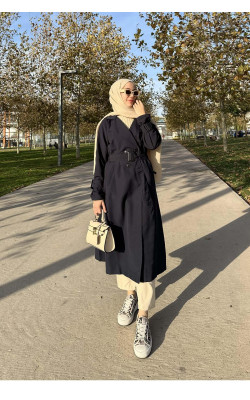 Sare Fashion Belted Lined Trench Coat Navy Blue